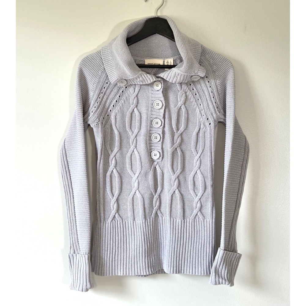 DKNY Jeans Women's Size S Chunky Chain Link Cable Knit Henley Cuffed Sweater